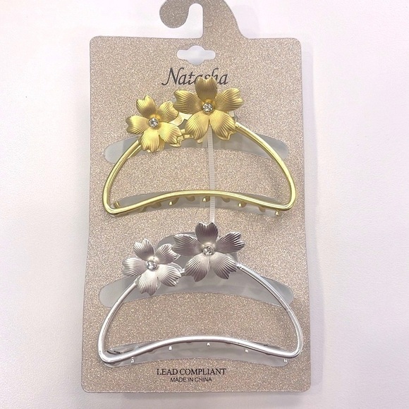 Brand New Natasha Set of 2 Metal Floral Rhinestone Gold & Silver Tone Hair Clips - Picture 3 of 15